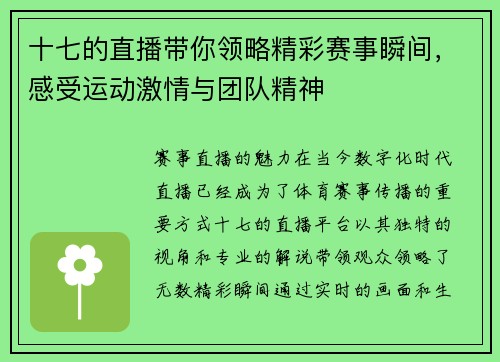 十七的直播带你领略精彩赛事瞬间，感受运动激情与团队精神