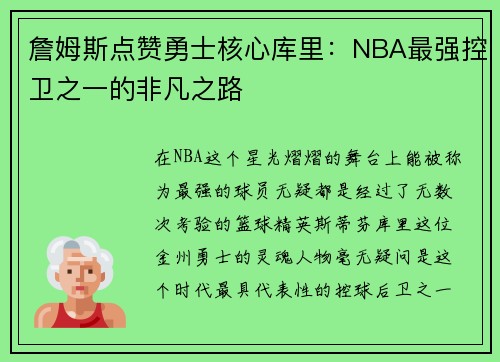 詹姆斯点赞勇士核心库里：NBA最强控卫之一的非凡之路