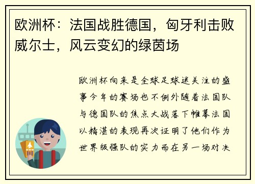 欧洲杯：法国战胜德国，匈牙利击败威尔士，风云变幻的绿茵场