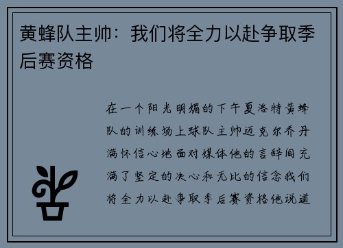 黄蜂队主帅：我们将全力以赴争取季后赛资格
